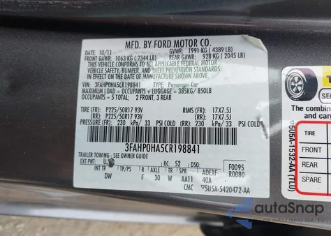 2012 Ford Fusion Se z USA, uszkodzony, nr VIN 3FAHP0HA5CR198841